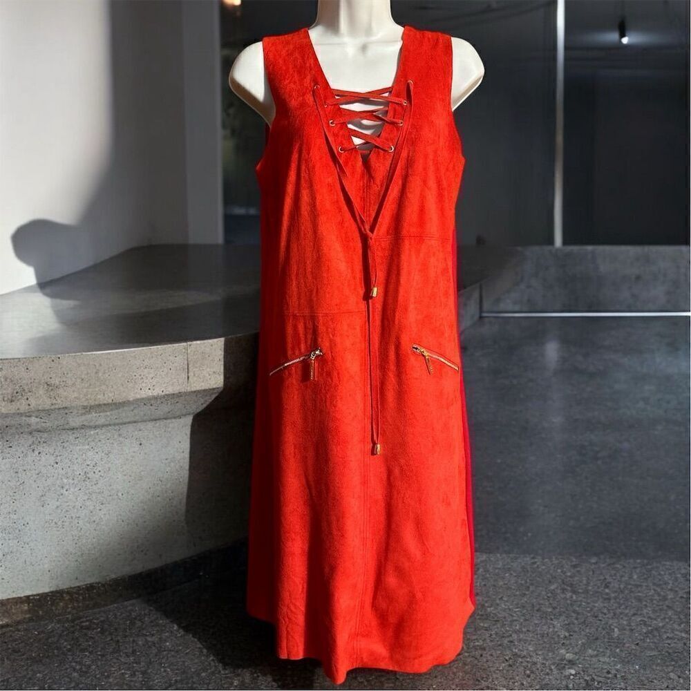 INC Vibrant Red Lace Up V neck Vegan Suede Front Knit Back Sleeveless Midi Dress